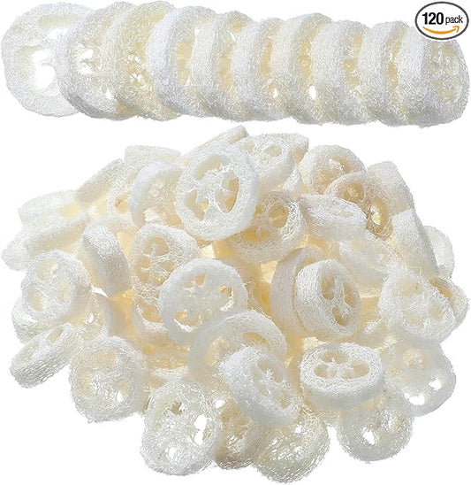 Bokon 120 Pcs Natural Loofah Slices for Soap Making Bulk Reusable Natural Loofah Sponge Organic Exfoliating Bath Shower Luffa Small Scrubber, Bright White
