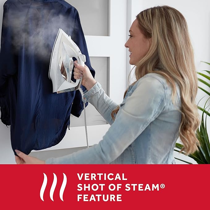 Sunbeam Turbo Steam Iron, 1700 Watt, Nonstick Ceramic Soleplate, Horizontal or Vertical Shot of Steam, Quick Heating, 3-Way Auto-Off, White and Chrome,9.3"L x 3.7"W