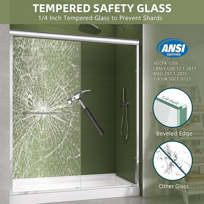 GETPRO Shower Door 68-72 in. W x 72 in. H Double Sliding Semi-Frameless Bypasss Bathroom Shower Glass Doors,1/4 inch Clear Tempered Glass Door for Walk-in Shower Chrome Finish