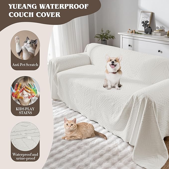 Waterproof Couch Cover, Reversible Washable Anti-Slip Loveseat Sofa Covers with 2 Cushions, Sectional Couch Covers for Pets, Sofa Slipcovers for Dogs Cats (71x91 in/Beige)