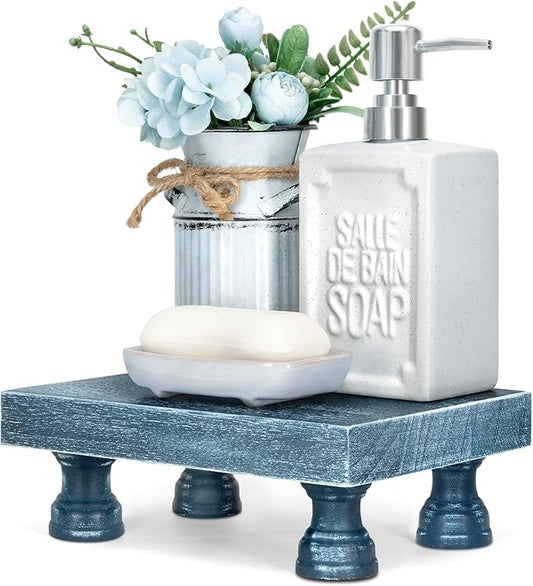 EOSAHR Decorative Display Risers for Home Decor - Wood Pedestal Stand for Kitchen Decor and Countertop Organizer - Ideal for Apartment Essentials (Blue)