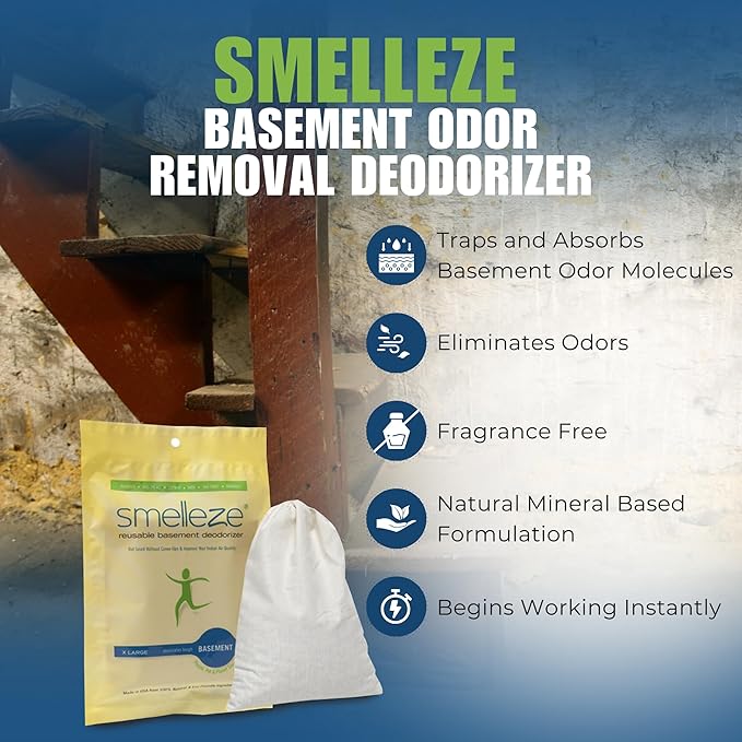 SMELLEZE Reusable Basement Odor Removal Deodorizer Pouch: Rids Funky Smell Without Fragrance Treats 150 Sq. Ft.