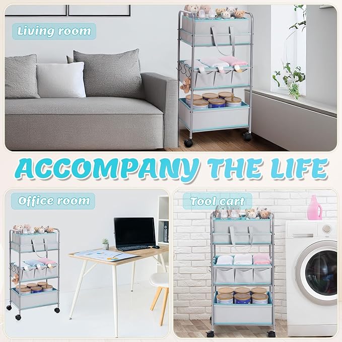 2in1 Colorful Baby Diaper Caddy Organizer Cart 3 Tier Large Capacity Metal Utility Bedside Rolling Cart with Divider for Newborn Nursery Essential Must Have Crib Bedroom Baby Shower (Blue)