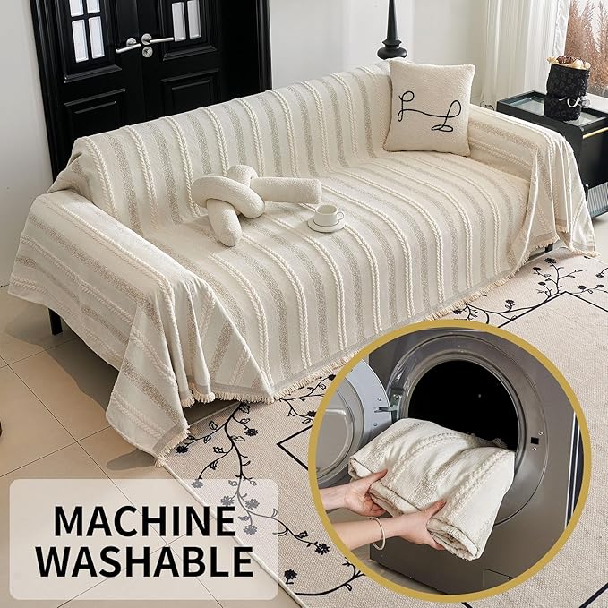 HAOMAIJIA Non Slip Couch Cover Sofa Covers for 3 Cushion Couch Washable sectional Couch Covers for Dogs pet Furniture Protector Couch Cover Blanket for Living Room (TM-Cream White, 71"x118")