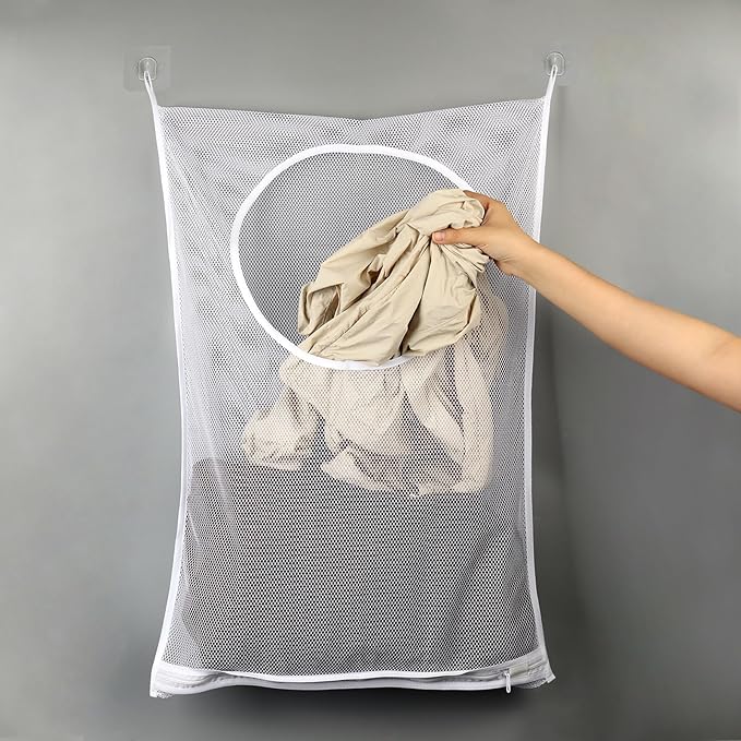 Hanging Laundry Hamper Bag,30x20 Inch Foldable Wall Hanging Laundry Bag,Portable Space Saving Dirty Clothes Bags with 2 Adhesive Hooks for Dirty Clothes Organization Storage (1)