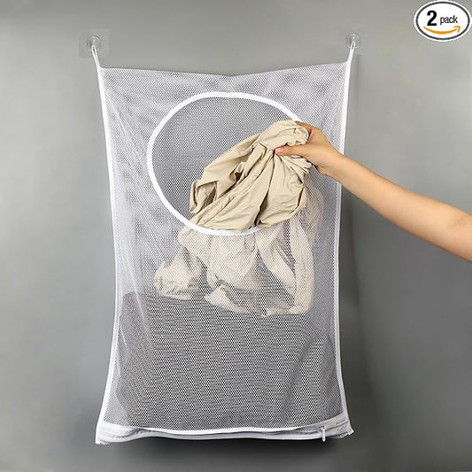 Hanging Laundry Hamper Bag,30x20 Inch Foldable Wall Hanging Laundry Bag,Portable Space Saving Dirty Clothes Bags with 2 Adhesive Hooks for Dirty Clothes Organization Storage (2)
