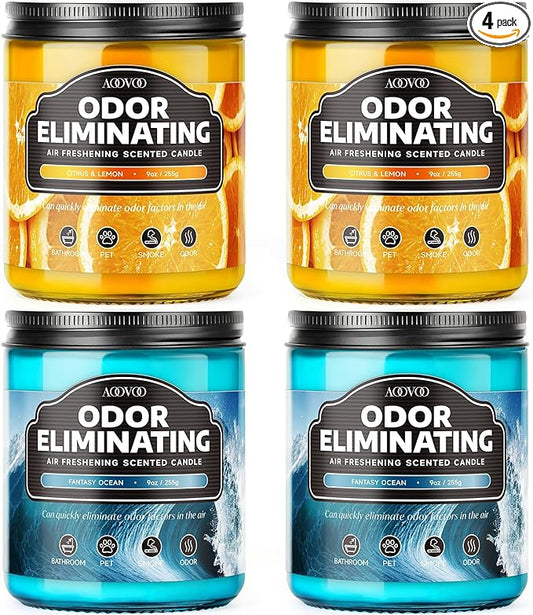 AOOVOO 4 Pack Citrus Lemon/Fantasy Ocean Odor Eliminating Highly Fragranced Candle - Eliminates 95% of Pet, Smoke, Food, and Other Smells Quickly, Non Toxic Air Freshing Soy Candle