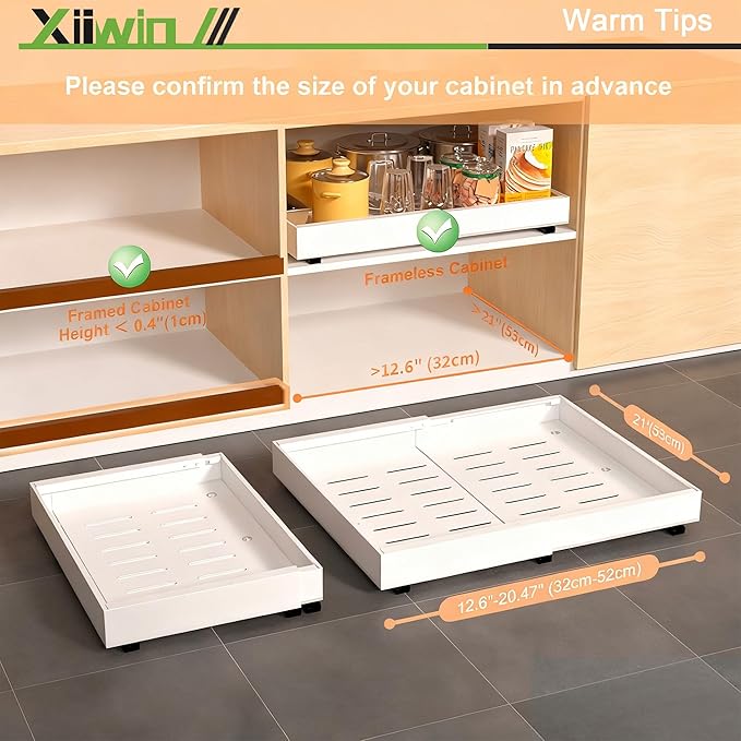 Pull out Cabinet Organizer 21" Depth (12.6-20.5 inch Width) Slide Roll Out Drawers Expandable Adjustable Shelves for Kitchen Bathroom Pantry Adhesive Nano Film 3 Slide Rails White, 2pcs