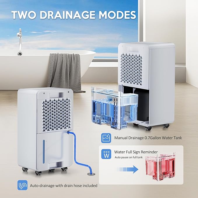 2500 Sq.Ft Dehumidifiers with Drain Hose, Max 42 Pints, Intelligent Humidity Control, 24H Timer, 3 Modes, Child Lock, Auto Defrost, Ideal for RV, Bathroom, Bedroom