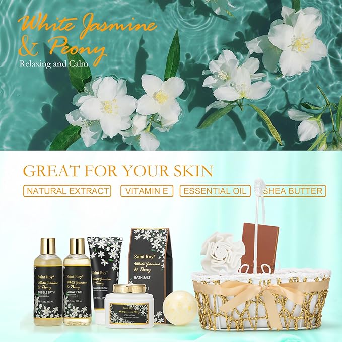 11 Pcs Spa Day Gifts for Women, White Jasmine & Peony Spa Gift Basket Set, Self-Care Relaxation Kit, Nail Clippers Set, Bath & Body Care Set, Bomb, Birthday, Mother's Day, Christmas, Anniversary