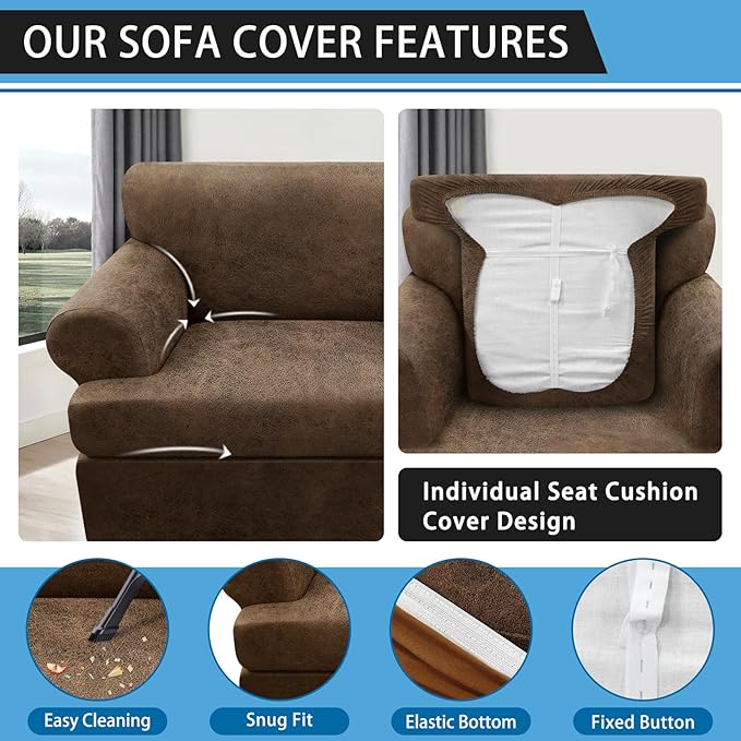 2-Pieces T Cushion Armchair Slipcovers Leather Look Couch Cover Chair Covers Stretch Furniture Protector Sofa Cover with 1 Individual T Cushion Seat Cover Slipcover Sets Washable, Light Brown