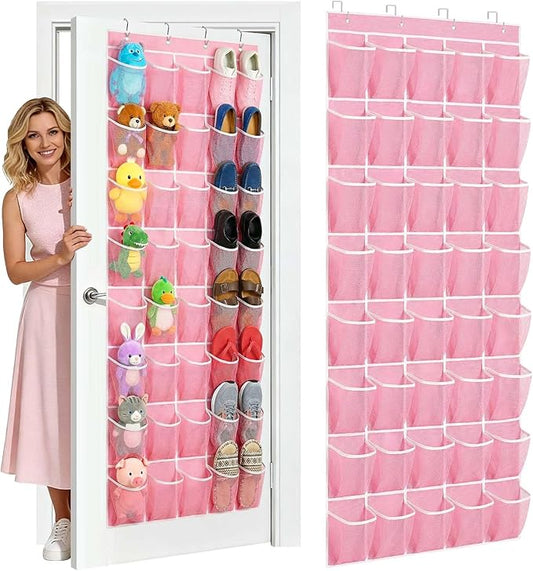 40-Pocket Over the Door Shoe Organizer - Large Mesh Pocket Hanging Shoe Organizer,Behind the Door Shoes Storage Holder Hanger (Pink-W)