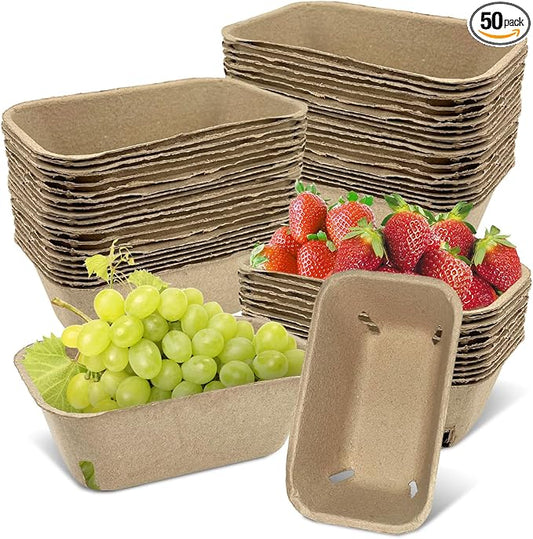 50 Pcs Natural Pulp Fiber Berry Basket, Molded Berry Basket Produce Vented Container for Strawberry Blueberry Raspberry and Vegetable Small Farmer Market Grocery Stores, Backyard Party 7.3x4.3x2.8inch