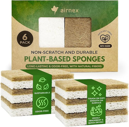Biodegradable Natural Kitchen Sponges Pack of 6 - Cellulose and Coconut Walnut Scrubber Sponge - Eco Friendly Sponges for Dishes