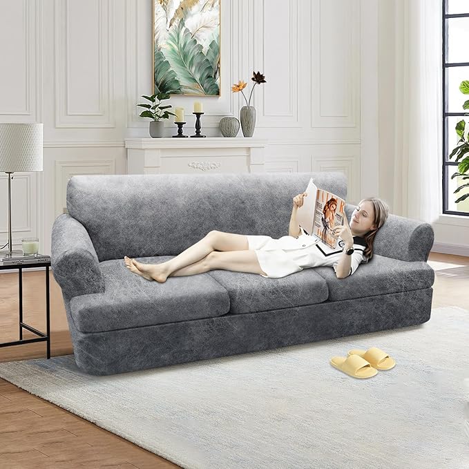 4-Piece T Cushion Sofa Slipcover - Leather Look Couch Cover for 3-Cushion Furniture - Stretch Protector With Individual Seat Covers - Washable, Light Grey
