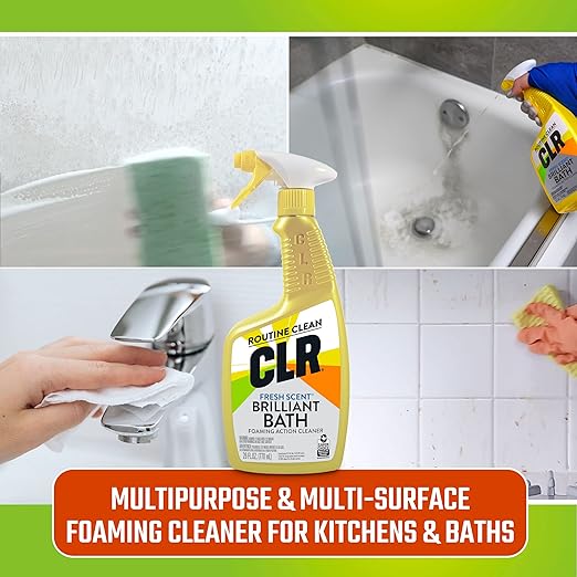 CLR Brilliant Bath Foaming Bathroom Cleaner Spray - For Use On Toilet, Bath, Shower, Sink, Glass, Stainless Steel - Fresh Scent, 26 Ounce Bottle (Pack Of 2) & OXO Good Grips Grout Brush