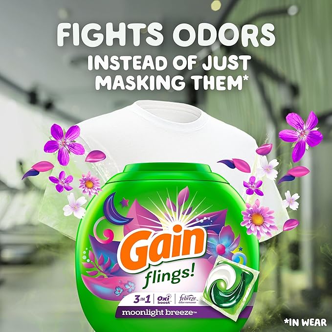 Gain Flings Laundry Detergent Pacs, 60 Count, Moonlight Breeze Scent, with Odor Defense, concentrated laundry soap pacs