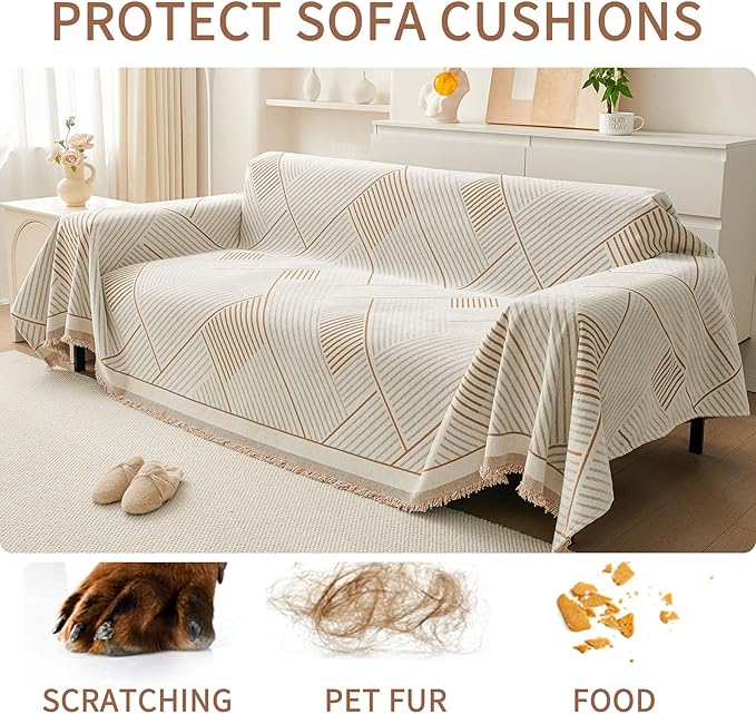 HAOMAIJIA Non Slip Couch Cover Sofa Covers for 3 Cushion Couch Washable sectional Couch Covers for Dogs pet Furniture Protector Couch Cover Blanket for Living Room (CQ-Khaki/Grey, 71"x118")