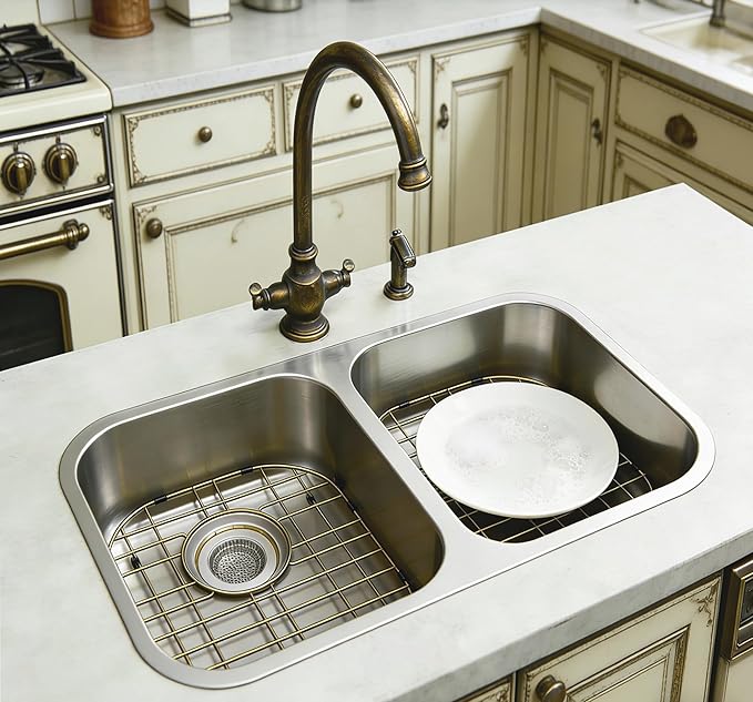 SANNO Gold Sink Protector Grid for Kitchen Sink, 14.57" L X 11.22" W Bottom Grid with Rear Drain Hole, Single Bowl Sink Rack, Stainless Steel 1 Pack