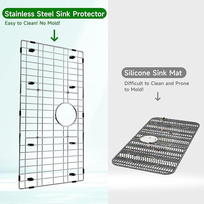 Stainless Steel Sink Protector 27.5" x 13.5" with Rear Drain, Metal Sink Rack for Bottom of Sink, Kitchen Sink Grate and Sink Protectors with Sink Strainer (27.5" x 13.5" - Rear Drain)