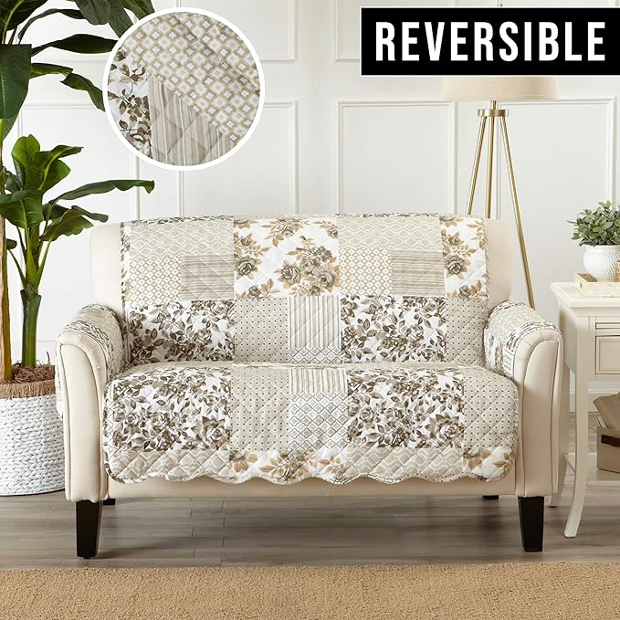 Great Bay Home Reversible Patchwork Loveseat Cover - Washable Slipcover Furniture Protector with Elastic Straps - Couch Cover for Dogs, Kids, and Pets - Box-Stitched Detail (Loveseat, Taupe)