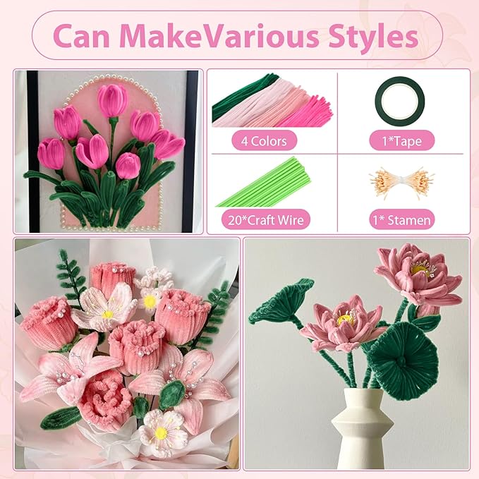 350 Piece Pipe Cleaner Craft, 4 Color Pipe Cleaners Bulk, Chenille Stems for DIY Flower Making Kits with Hot Melt Adhesive, Gardening Tape, Stamens (Pink)