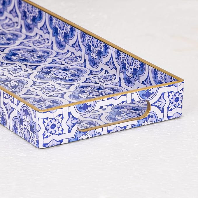 MAONAME Blue Decorative Tray, Plastic Serving Tray with Handles, Rectangular Moroccan Trays, Long Narrow Trays for Bathroom, Kitchen Counter, 13.8" X 6" X 1.57"