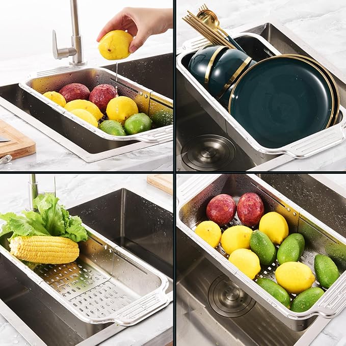 Stainless Steel Extendable Colander Strainer, Metal Washing Basket for Vegetable and Fruit, Easy to Clean, Drain Quickly (L)