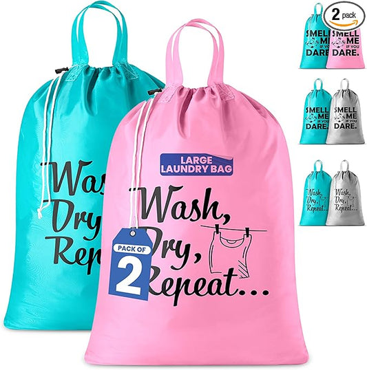 Extra Large Travel Laundry Bag - 2-Pack Fun Print Design Bags for Dirty Clothes - Durable Water-Resistant Fabric - Sturdy Drawstring Closure (Pink-Teal | Wash Dry Repeat)