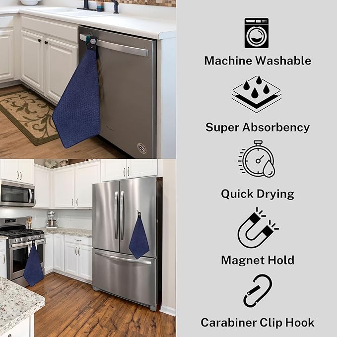 Magnetic Waffle Weave Microfiber Kitchen Towel, Multipurpose Cleaning Dish Cloth with Magnet and Hook, Soft Absorbent Quick Drying, 20x16 Inches, 6-Pack, Navy/Gray