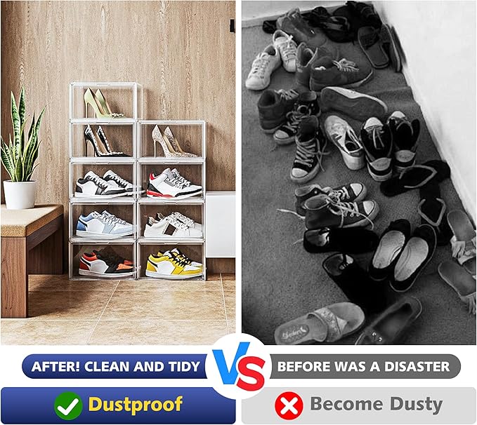 12 Pack Acrylic Clear Shoe Storage Boxes Size 12, Transparent Display Case for Sneaker Collections, Baseball Caps, Hat Organizer Dust-free Shoe Cubbies Stackable Sneaker Boxes