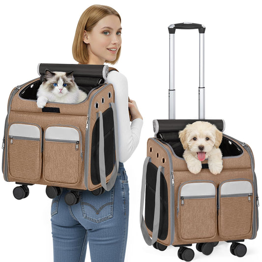 Large Pet Carrier, Foldable Rolling Cat Carrier with Wheels - Image 1