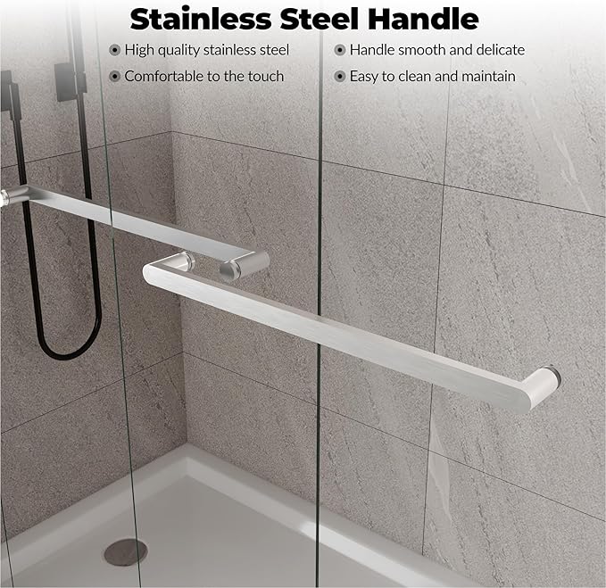 Sliding Shower Door 56–60 inch W× 72 inch H, Frameless Double Sliding Glass Panels with 8mm Tempered Glass, Brushed Silver, Modern Shower Enclosure for Walk-in Bathroom Upgrade