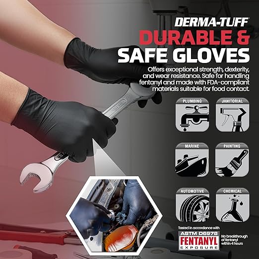 Derma-Tuff Powder Free Nitrile Disposable Gloves 6 Mil - Lg 120 Ct Latex Free, Chemical + Puncture Resistant, Fully Textured Grip, Beaded Cuff, for Automotive, Maintenance, Industrial 66583