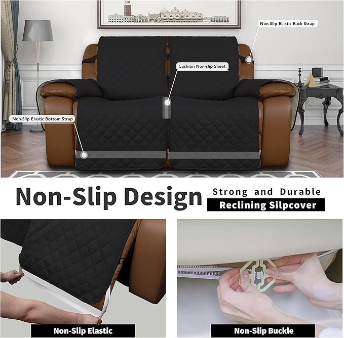 Easy-Going Oversized Loveseat Recliner Cover, Reversible Couch Cover for Double Recliner, Split Sofa Cover for Each Seat with Elastic Straps for Kids, Dogs, Pets(Oversized 2 Seater, Black/Beige)