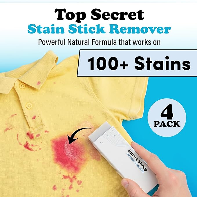 4 Pack Stain Stick - Stain Remover Bar for Clothes by Smart Sheep - Powerful Laundry Stain Remover - Formulated w/Natural Ingredients - Perfect for Food Drink Pet Grass & Blood Stains