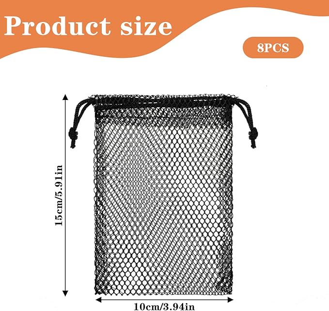 8 Pcs Mesh Bags, Small Mesh Bags Drawstring Rock Collecting Bag Black Drawstring Storage Bag Polyester Net Sack 6 X 4" Mini Net Sack for Traveling Portable Outdoor Activities