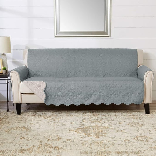 Great Bay Home Reversible Sofa Cover - Washable Slipcover Furniture Protector with Elastic Straps - Couch Cover for Dogs, Kids, and Pets - Quilted & Stitched Detail (Sofa, Mirage Gray/Flax)