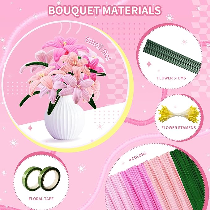 POMBUDS Lily Scented Pipe Cleaner Flower Craft Kit (Pink Theme) – 400 Chenille Stems, 20 Green Floral Stems, 2 Rolls Floral Tape, Yellow Stamens & Instruction Guide for DIY Bouquets and Decorations