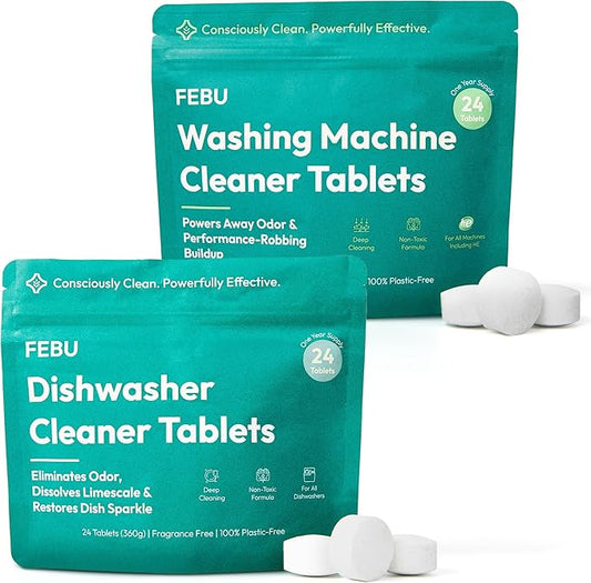FEBU Bundle and Save 15% Washing Machine Cleaner Tablets + Dishwasher Cleaner Tablets Bundle | Made in USA with 7-8 All Natural, Plant-Based Ingredients | 24 Tablets - 12 Months Supply