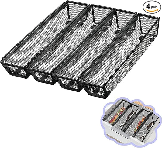 4PCS Drawer Organizer for Kitchen,Utensil Mesh Drawer Organizer with Interlocking Arm for Cosmetic,Flatware,Pen (12 * 3 * 2 Inches,Black)