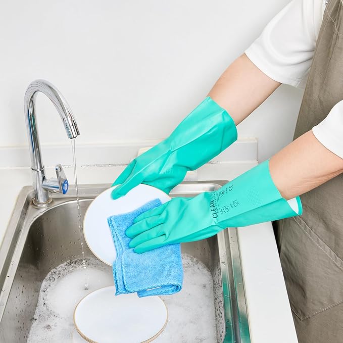 Restaurantware Green Cleaning Gloves 10 Pairs 15 Mil Thick Large Heavy-Duty Nitrile Gloves With Long Cuff No-Latex Flock Lining For Use In Hospitals, Laboratories, Kitchens and Households