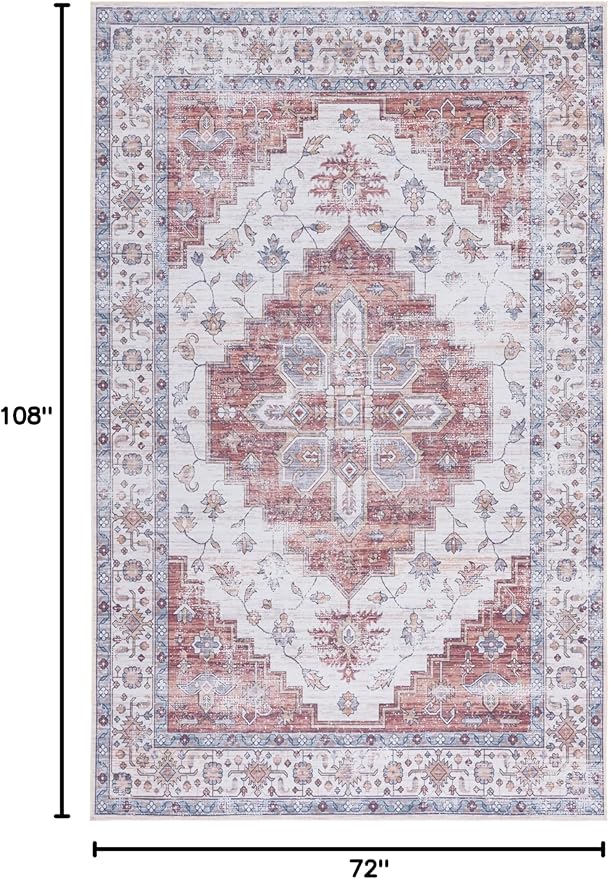 SAFAVIEH Washable Rug Tucson Collection - 6' x 9', Ivory & Rust, Slip Resistant & Easy to Clean, Ideal for Living Room, Bedroom, Dining Space (TSN109A)