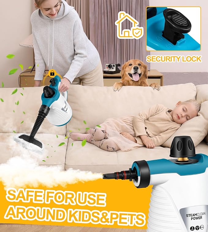 Handheld Steam Cleaner with 9 Accessories, Pressurized Handheld Multi-Surface Natural Steam Cleaner for Home, Multi-Purpose Portable Steamer for Cleaning Floor, Upholstery, Grout and Car