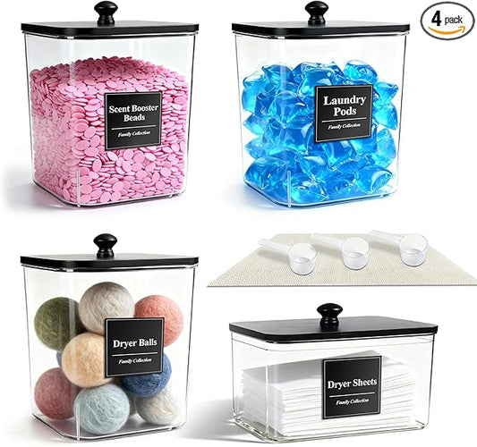 4 Pack Laundry Pods Container with Anti-slip mat, Clear Dryer Sheet Holder, Laundry Room Organization Containers with Black Wooden Lids & Labels, Laundry Detergent Holder for Scent Booster