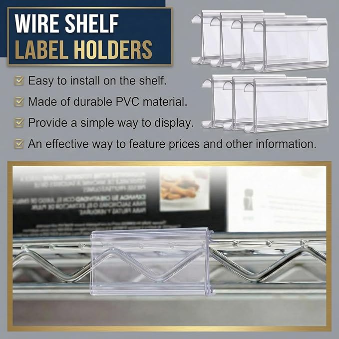 Kathfly 100 Pcs Plastic Wire Shelf Label Holder, Sign and Ticket Holder Clips with Paper Insert Area 3"x1.25" Compatible with Metro 1-1/4 Inch Shelves, Label Inserts Included
