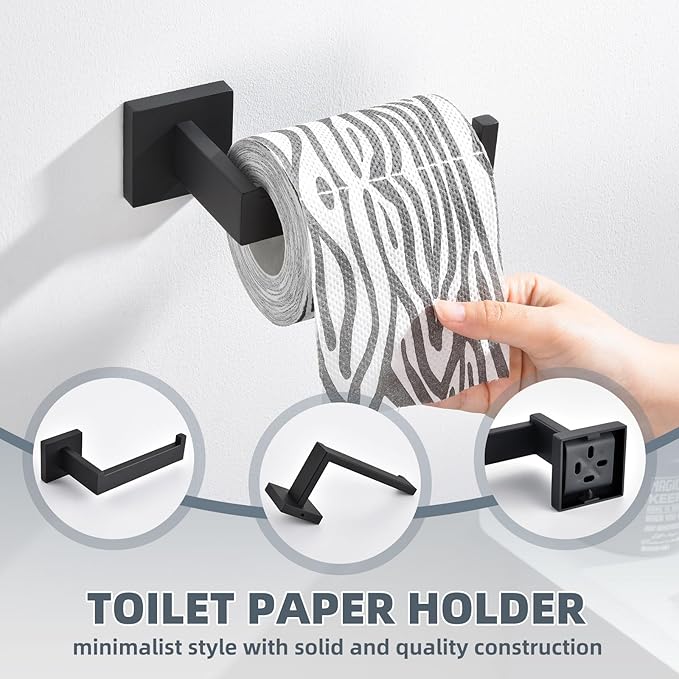 Bathroom Hardware Set Matte Black, Angle Simple Stainless Steel Bath Accessory Kit, 4 Pieces - Towel Hook, Toilet Paper Holder, Towel Holder and Towel Bar