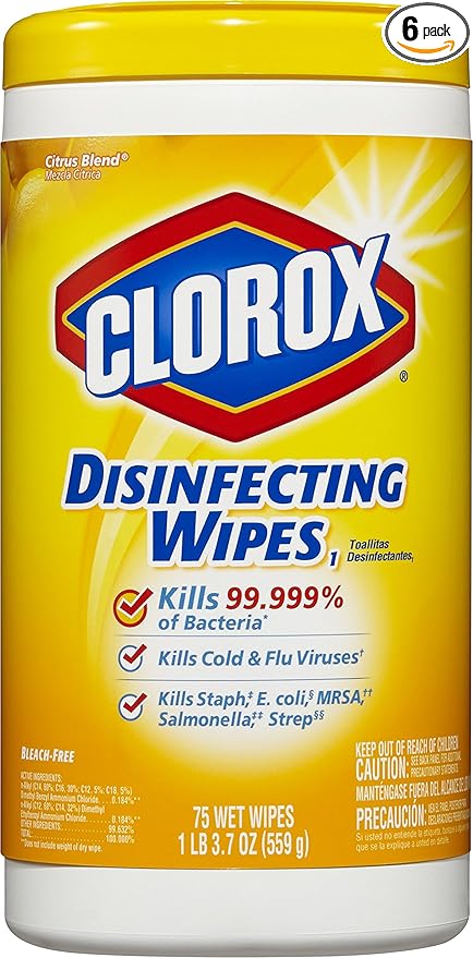 Clorox Disinfecting Cleaning Wipes, Bleach Free, Crisp Lemon, 75 Count, Pack of 6 (Pack May Vary)