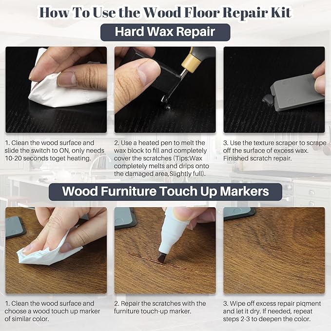 Hardwood Floor Scratch Repair Kit, Laminate Vinyl Floor Repair Kit with Heat Pen, 6 Colors Floor Wax Wood Furniture Touch up Marker Pen Scratch Remover for Cracks, Holes, Table, Cabinet.