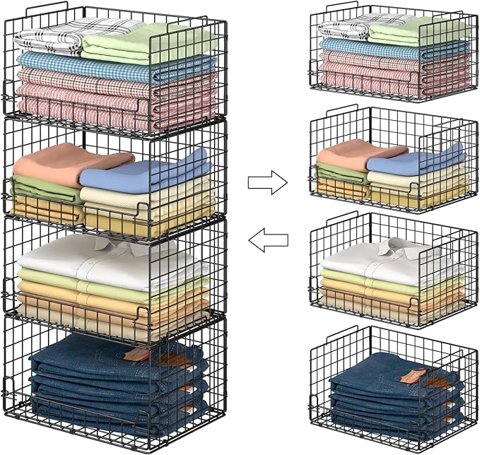 4 Tier Stackable Closet Organizers and Storage Basket - Sturdy Metal Foldable Storage Bin for Sweaters, Jeans and Clothes, Space-Saving Shelf Organizer System for Wardrobe, Black